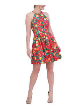 Vince Camuto Size 4 Citrus Print Red Scuba Crepe Halter Sleeveless Dress NWT